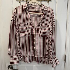 Free People Striped Button-Back Blouse - Cream, Red & Black